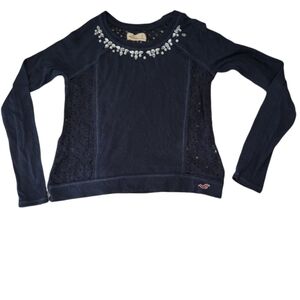 Hollister Small Navy Blue Top Long Sleeve Jeweled Neck